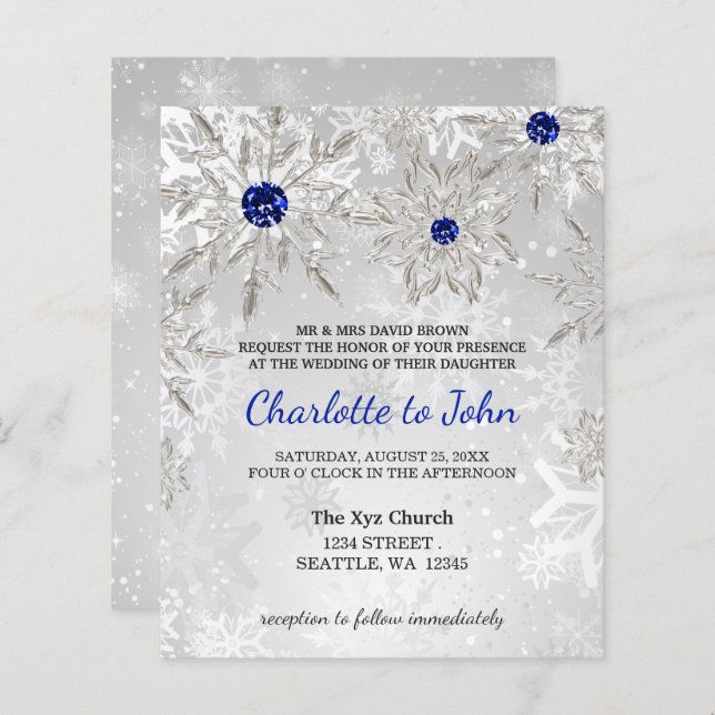 Budget Royal Blue Snowflakes Einladung Hochzeit (Vorne/Hinten)