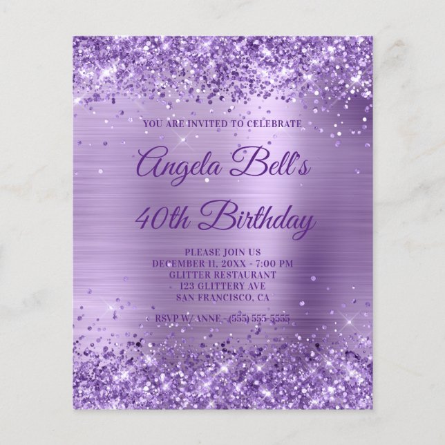 Budget Royal Lila Glittery Foil Einladung (Vorderseite)