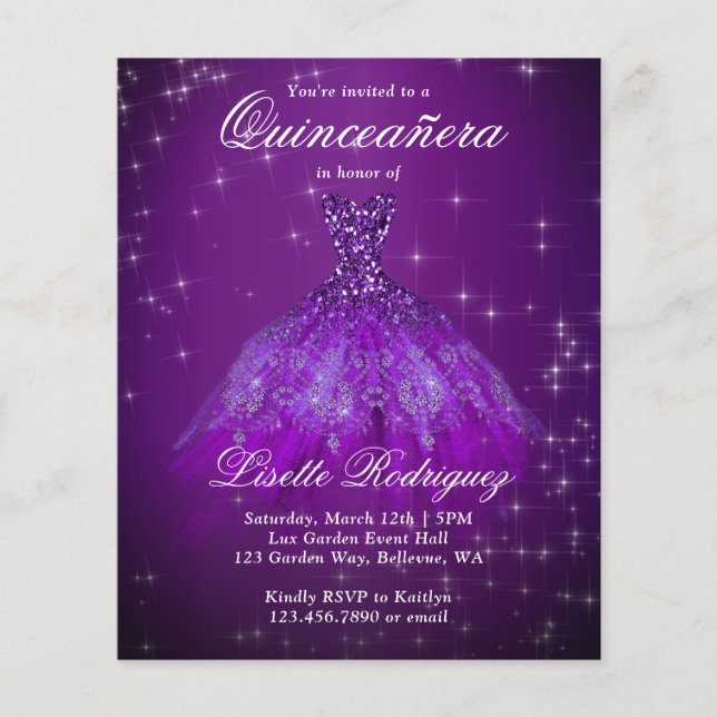Budget Royal Lila Quinceanera Einladung (Vorderseite)