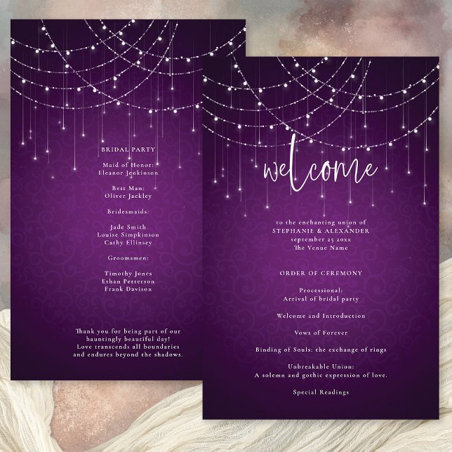 Budget Royal Lila String Lights Wedding Program (Front and back view)