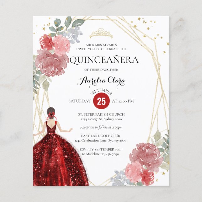 Budget Ruby Red Floral Geometric Quinceañera (Vorderseite)