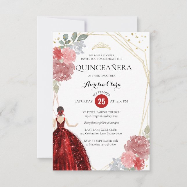 Budget Ruby Red Floral Geometric Quinceañera Mitteilungskarte (Vorderseite)