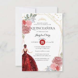 Budget Ruby Red Floral Geometric Quinceañera Mitteilungskarte