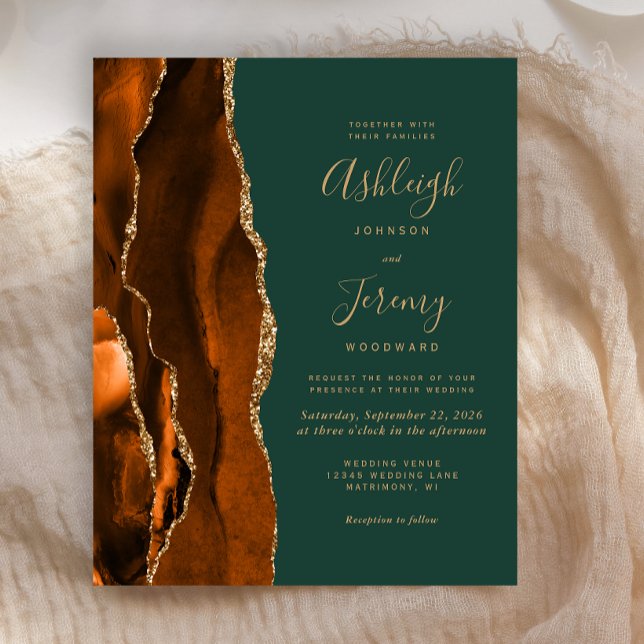 Budget Rust Dark Green Agate Hochzeitseinladung (Von Creator hochgeladen)