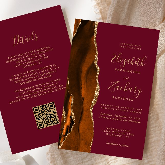 Budget Rust Gold Agate Burgund QR Code Hochzeit (Von Creator hochgeladen)