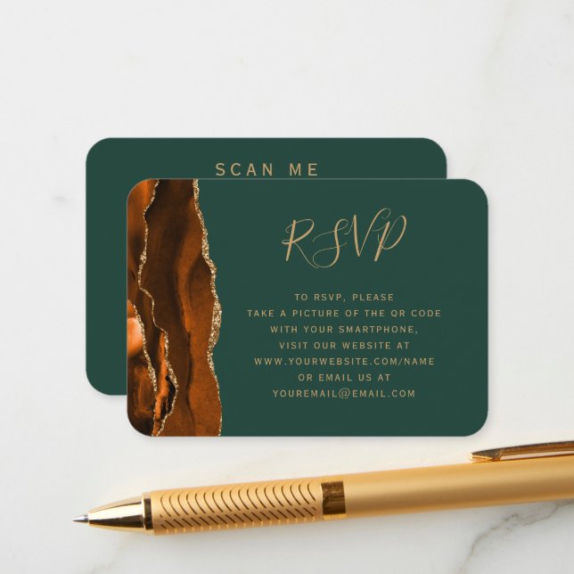 Budget Rust Gold Agate Green Wedding QR Code UAWG Begleitkarte (Vorderseite/Rückseite Beispiel)