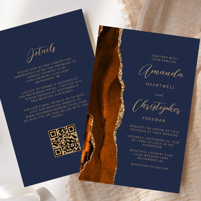 Budget Rust Gold Agate Navy QR Code Hochzeit (Von Creator hochgeladen)