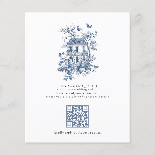Budget Rustic Blue Toile De Jouy QR Code Wedding (Vorderseite)