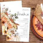 Budget Rustic Fall Florals Pumpkin Wedding Menü<br><div class="desc">Das preiswerte Rustikale Fall Florals Pumpkin Hochzeitsmenü. Ein günstiges Preis-Leistungs-Verhältnis von 5, 5" x 8, 5", auf einem eleganten 110 lb LINEN Stock - für ein luxuriöses Ambiente zu einem guten Preis-Leistungs-Verhältnis, perfekt für Menüs, Einladungen und Programme etc. Diese Alternative zur Budgetgröße ist auch bei anderen Papiervorschlägen verfügbar. Der SEMI-GLOSS...</div>