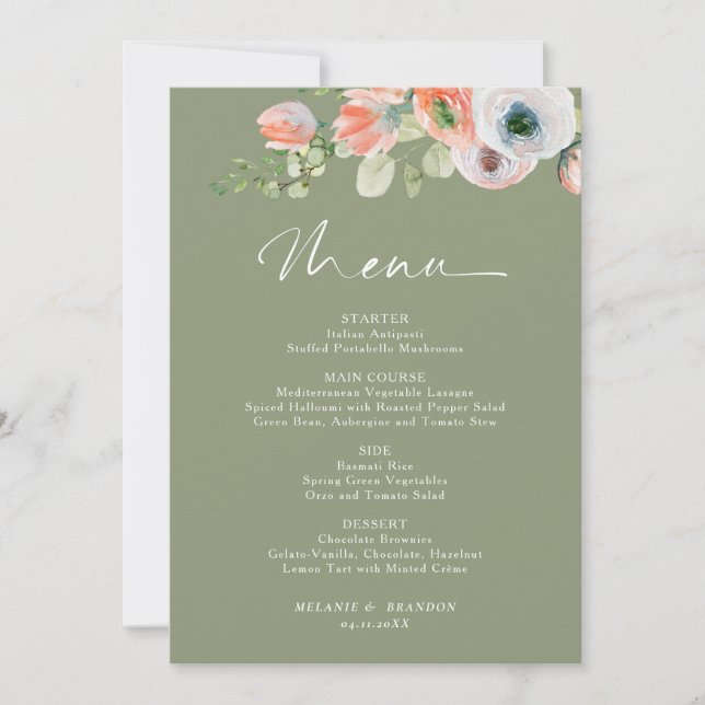 Budget Rustic Floral Sage Green Wedding Menu Card Einladung (Vorderseite)