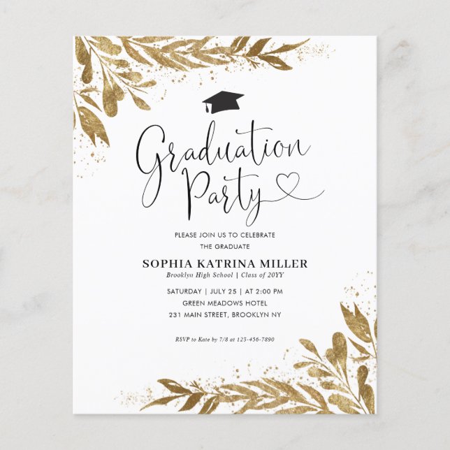 Budget Rustic Gold Floral Sparkle Graduation Party (Vorderseite)