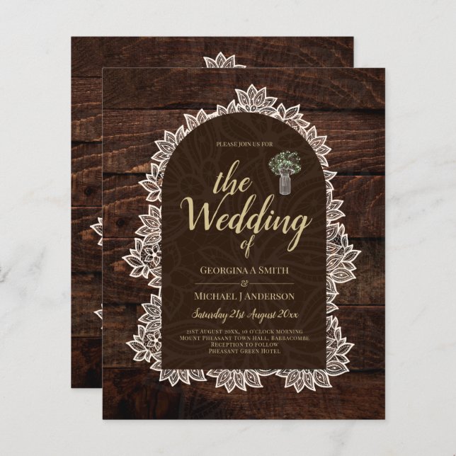 Budget Rustic Lace MasonJar Gypsophila Wedding INV (Vorne/Hinten)