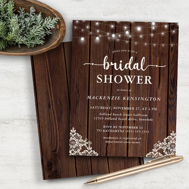 BUDGET Rustic Lace Wood String Light Brautparty (BUDGET Rustic Lace Wood String Light Bridal Shower Invitation)