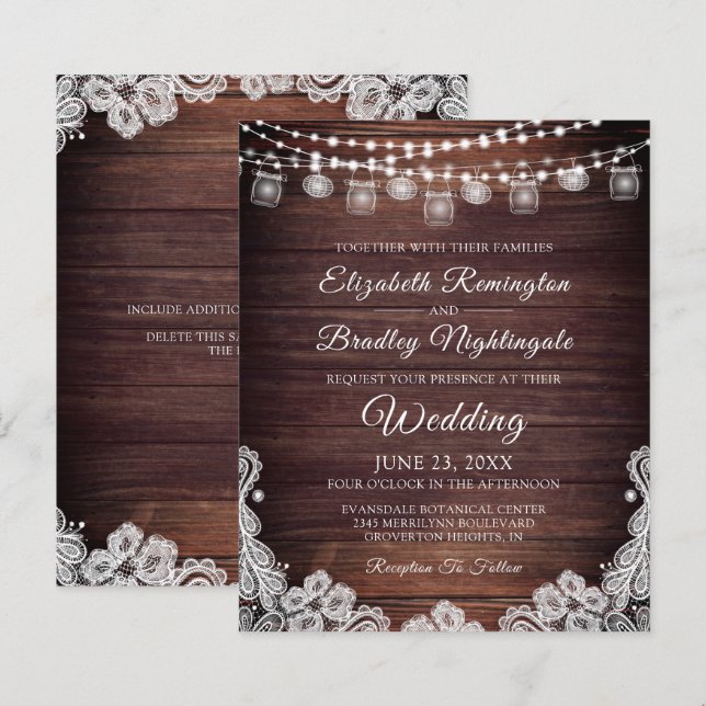 Budget Rustic Lights Jars Lace Hochzeit Einladung (Vorne/Hinten)