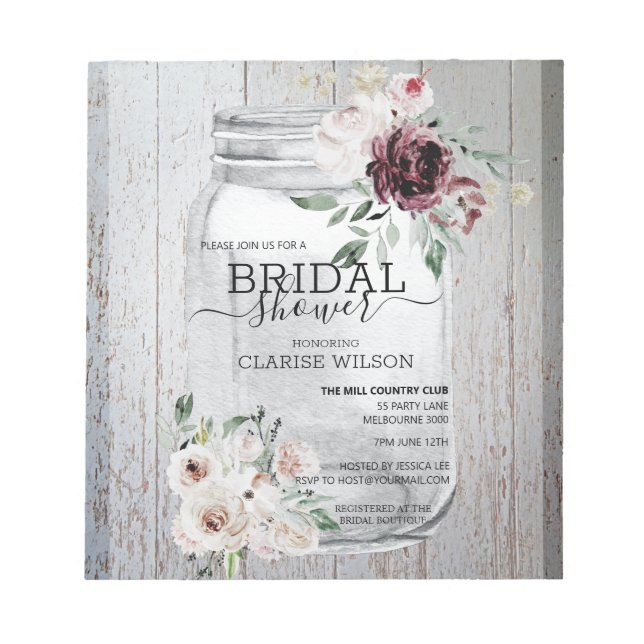 BUDGET Rustic Mason Jar Bridal Dusche Einladung Notizblock (Vorderseite)