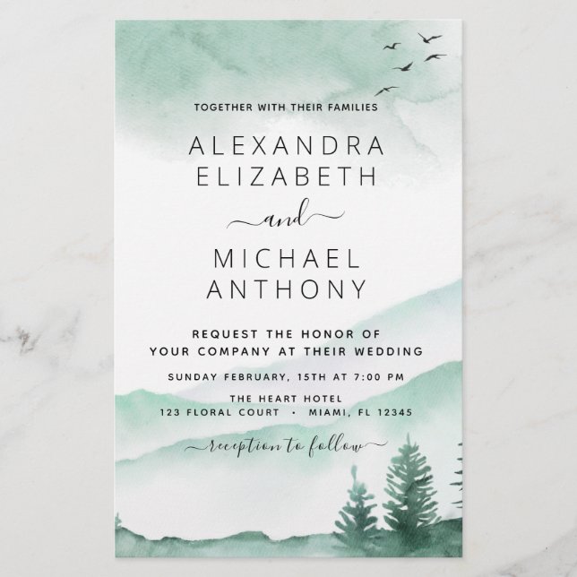 Budget Rustic Mountains Forest Wedding Einladung (Vorderseite)