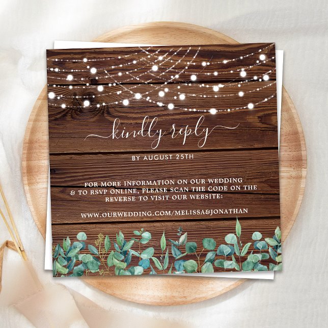 Budget Rustic String Lights QR Code Wedding RSVP Mitteilungskarte (Von Creator hochgeladen)