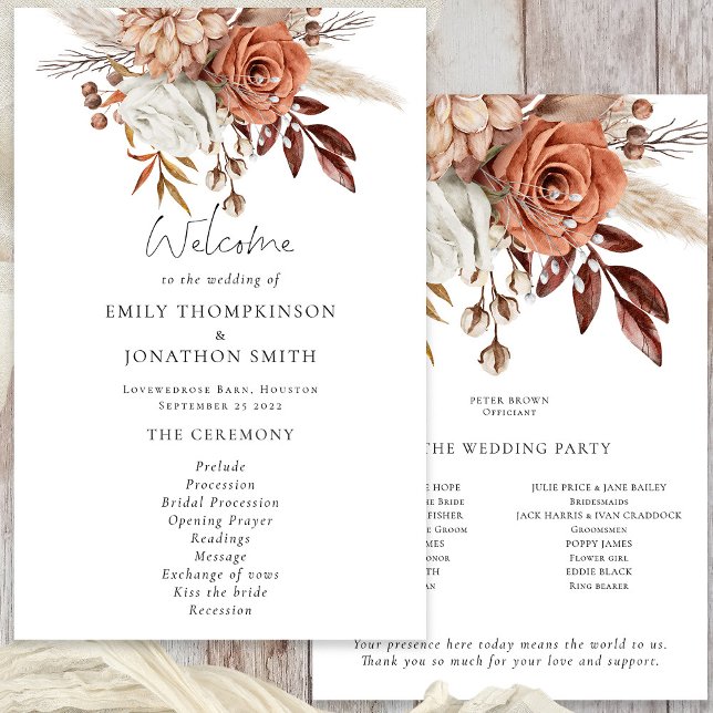 Budget Rustic Terracotta Florals Hochzeitsprogramm (Front and Back View)