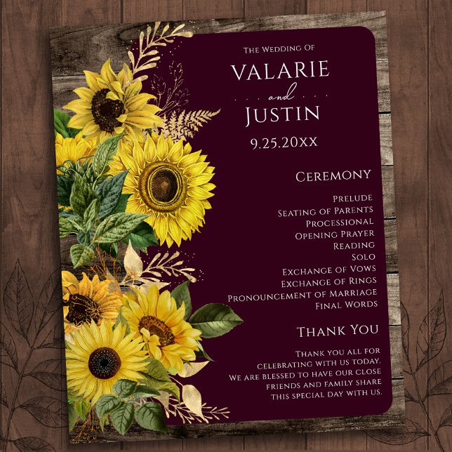 Budget Rustic Wood Sunflower Wedding Programm (Von Creator hochgeladen)