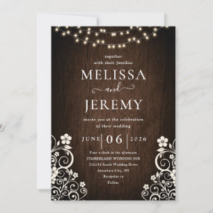 Budget Rustic Woodsy Lights Lace Wood Wedding Einladung