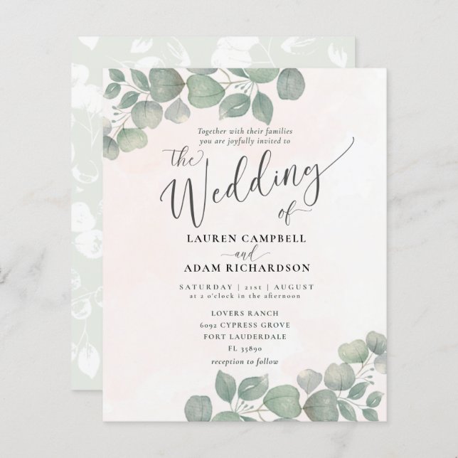 Budget Rustikale Eukalyptus Watercolor Green Coral (Vorne/Hinten)