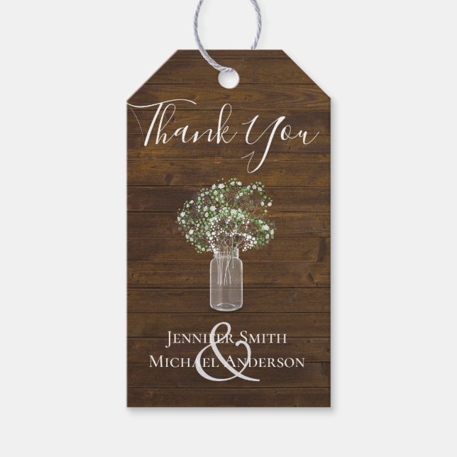 Budget Rustikale Gypsophila Mason Jar Wedding Geschenkanhänger (Vorderseite)