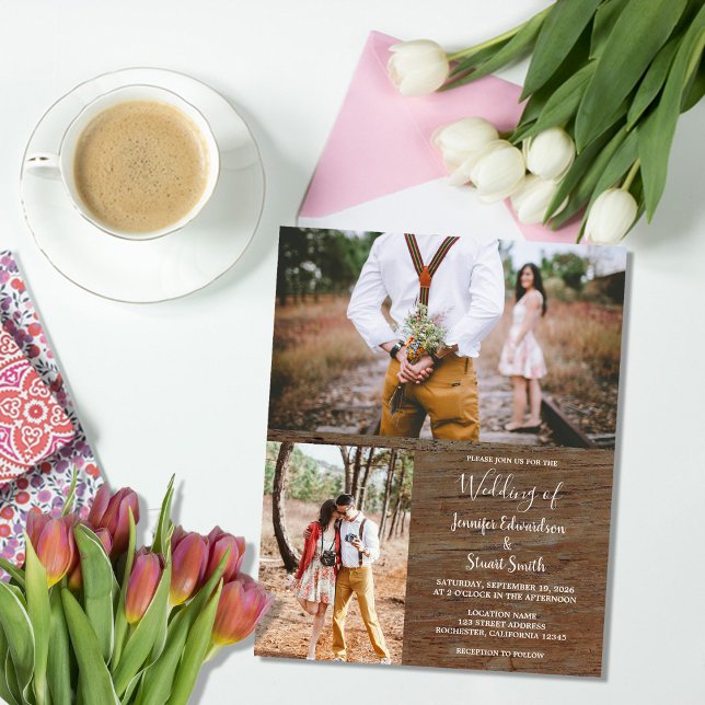 Budget rustikale Holz Hochzeits-Einladung mit Foto Flyer (Budget rustic wood photo wedding invitation flyer. You can add your own photos to personalize.)
