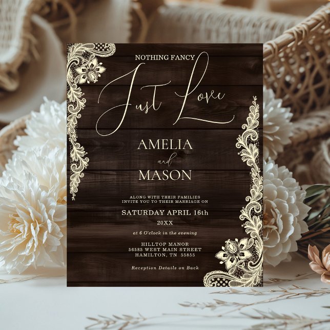 Budget Rustikale Holz-Hochzeitseinladung (Budget Rustic All in One Wood  and Lace Nothing Fancy Just Love Wedding Invitation)