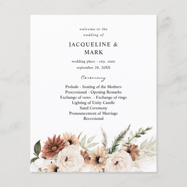Budget Rustikale neutrale Boho Blumenzeremonie Flyer (Vorne)