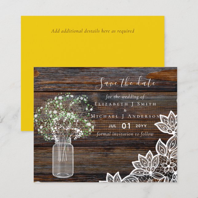 Budget Rustikale Rett Date Cards mit Babys Atem (Vorne/Hinten)