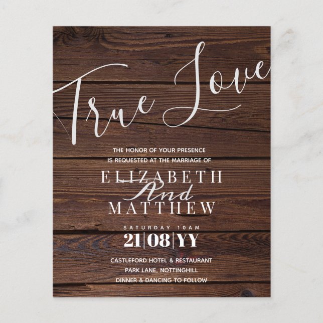 Budget Rustikale Typografie Wood Wedding Einladung (Vorderseite)