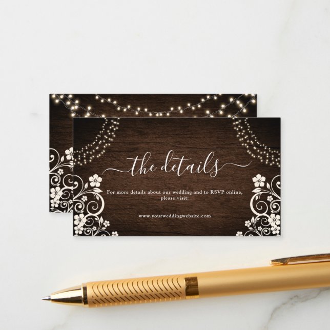 Budget Rustikale Woodsy Lights Holz Hochzeitsdetai Begleitkarte (Vorderseite/Rückseite Beispiel)