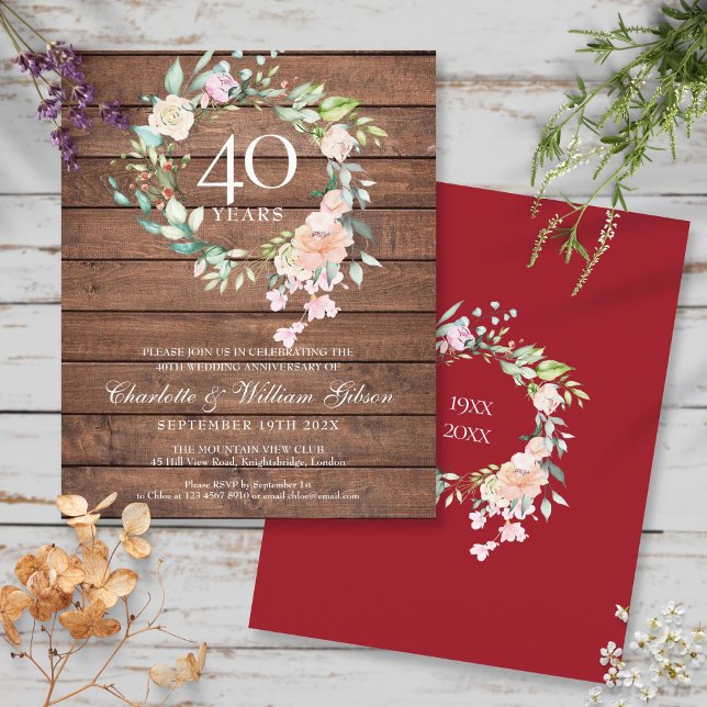 Budget Rustikaler 40-jähriger Ruby Floral Einladun (Budget Rustic 40th Anniversary Ruby Floral Invite)