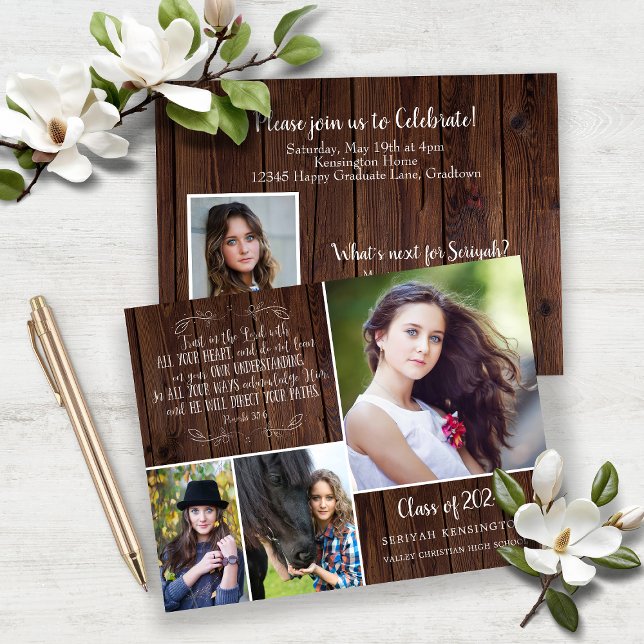 Budget Rustikales Holz Christlicher Abschluss Spri (Budget Rustic Wood Christian Proverbs 3 Graduation Announcement)