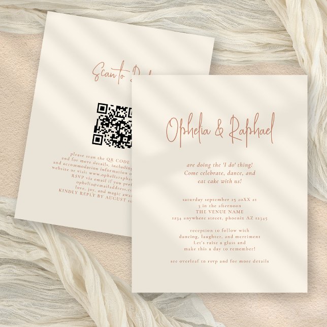 Budget Rustikales Script QR Boho Cream Wedding ein (Front and back view)