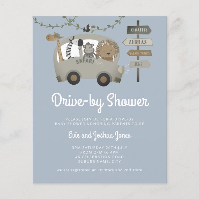 Budget Safari Drive by Baby Shower Dusty Blue (Vorderseite)
