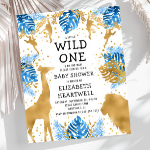 Budget Safari Jungen-Baby-Party Blau-Gold-Einladun