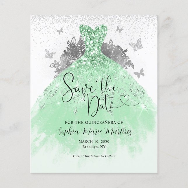 Budget Sage Green Dress Quinceañera Save the Date (Vorderseite)