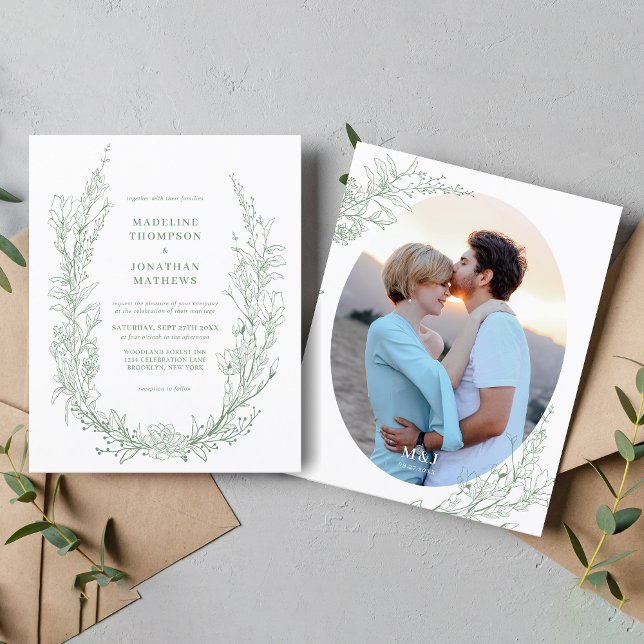 BUDGET Sage Green Floral Monogram Photo Wedding (Von Creator hochgeladen)
