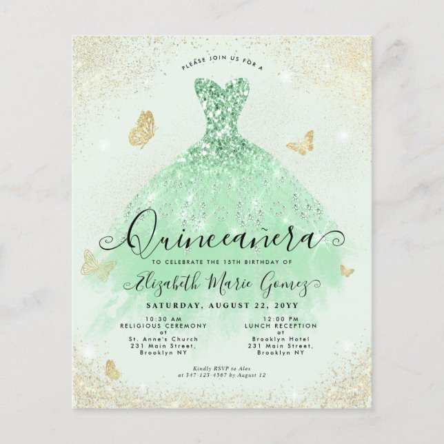 Budget Sage Green Gold Glitzer Gozo Quinceanera (Vorderseite)