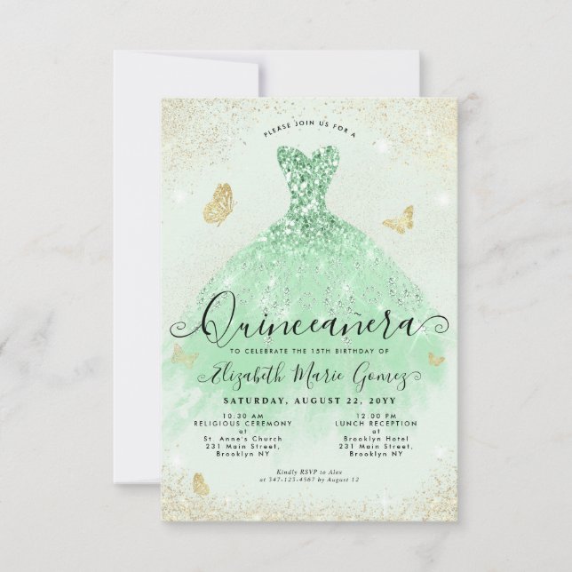 Budget Sage Green Gold Glitzer Gozo Quinceanera Mitteilungskarte (Vorderseite)