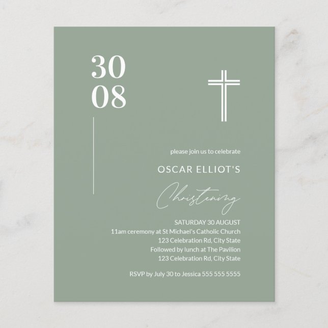 Budget Sage Green Minimalistisch Christening Einla (Vorderseite)