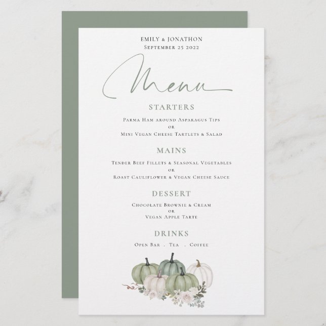 Budget Sage Pumpkins Fall Florals Wedding Menü (Vorne/Hinten)