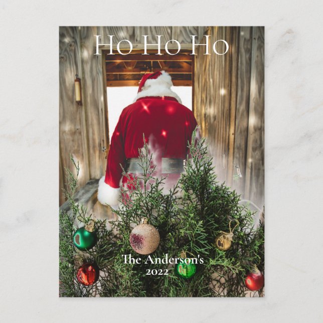 Budget Santa Ho Ho Ho Ornamente Postkarte (Vorderseite)