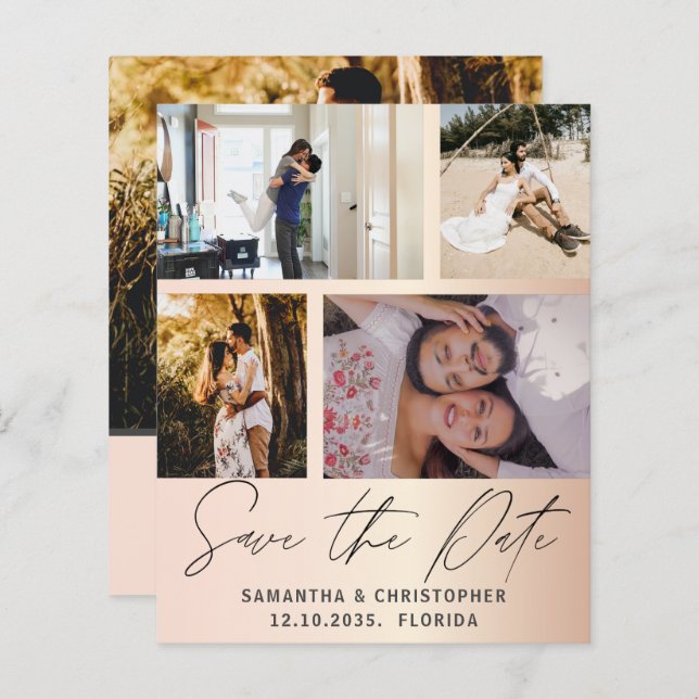 Budget Save the Date 4 Foto Rose Gold Einladung (Vorne/Hinten)