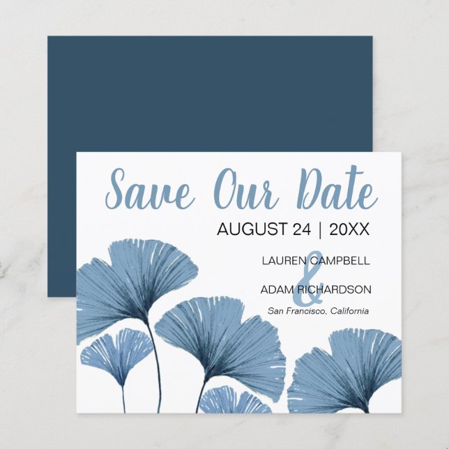Budget Save the Date Blue & White Foliage Hochzeit (Vorne/Hinten)