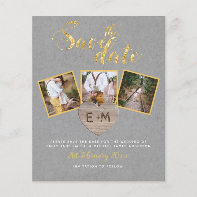 Budget Save the Date Gray Gold Collage (Vorderseite)