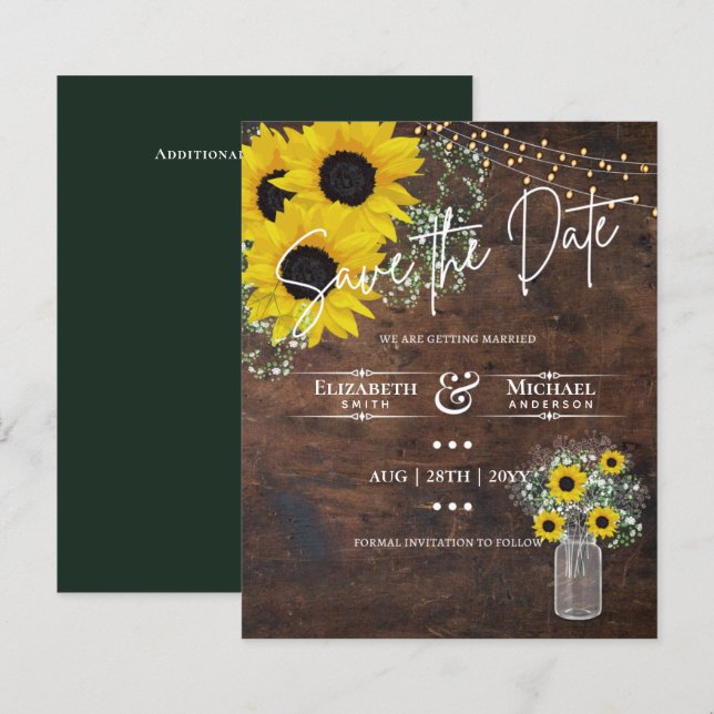BUDGET Save the Date Rustic Sunflowers Mason Jar (Vorne/Hinten)