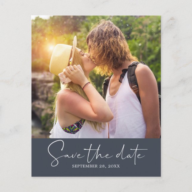 Budget Save the Date Script Dark Blue Foto Flyer (Vorne)