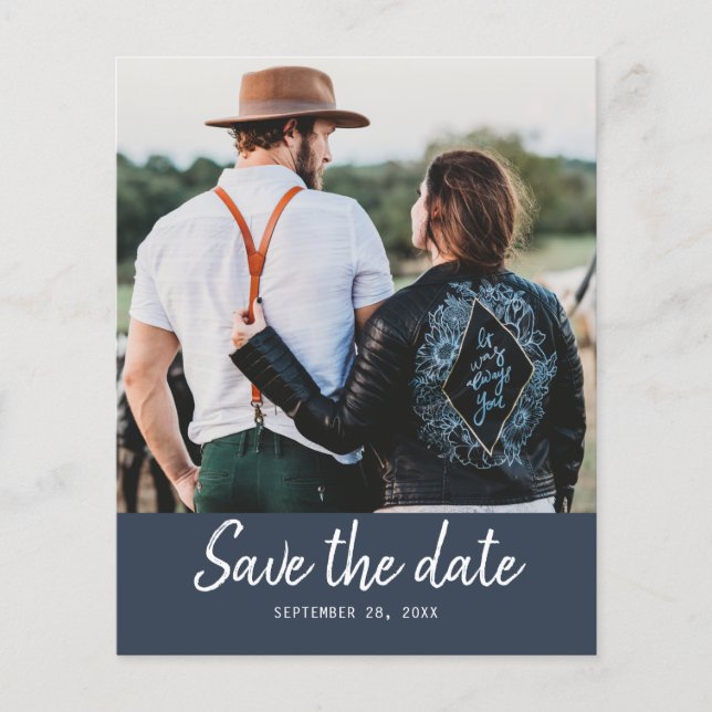 Budget Save the Date Script Dark Blue Foto Flyer (Vorne)
